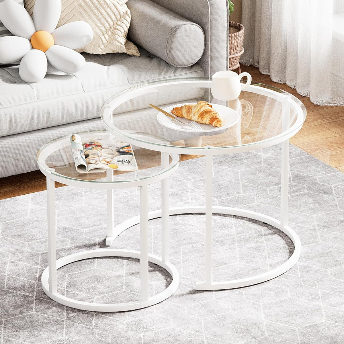 aboxoo White Nesting Glass Table Set of 2, Small Glass Round Nesting Tables for Living Room