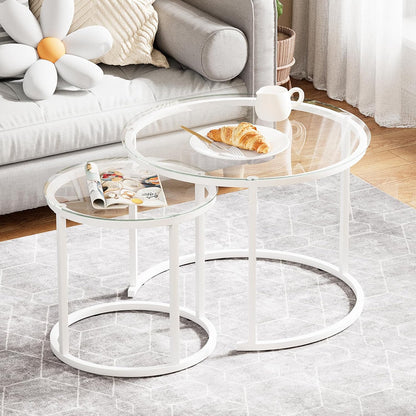 aboxoo White Nesting Glass Table Set of 2, Small Glass Round Nesting Tables for Living Room