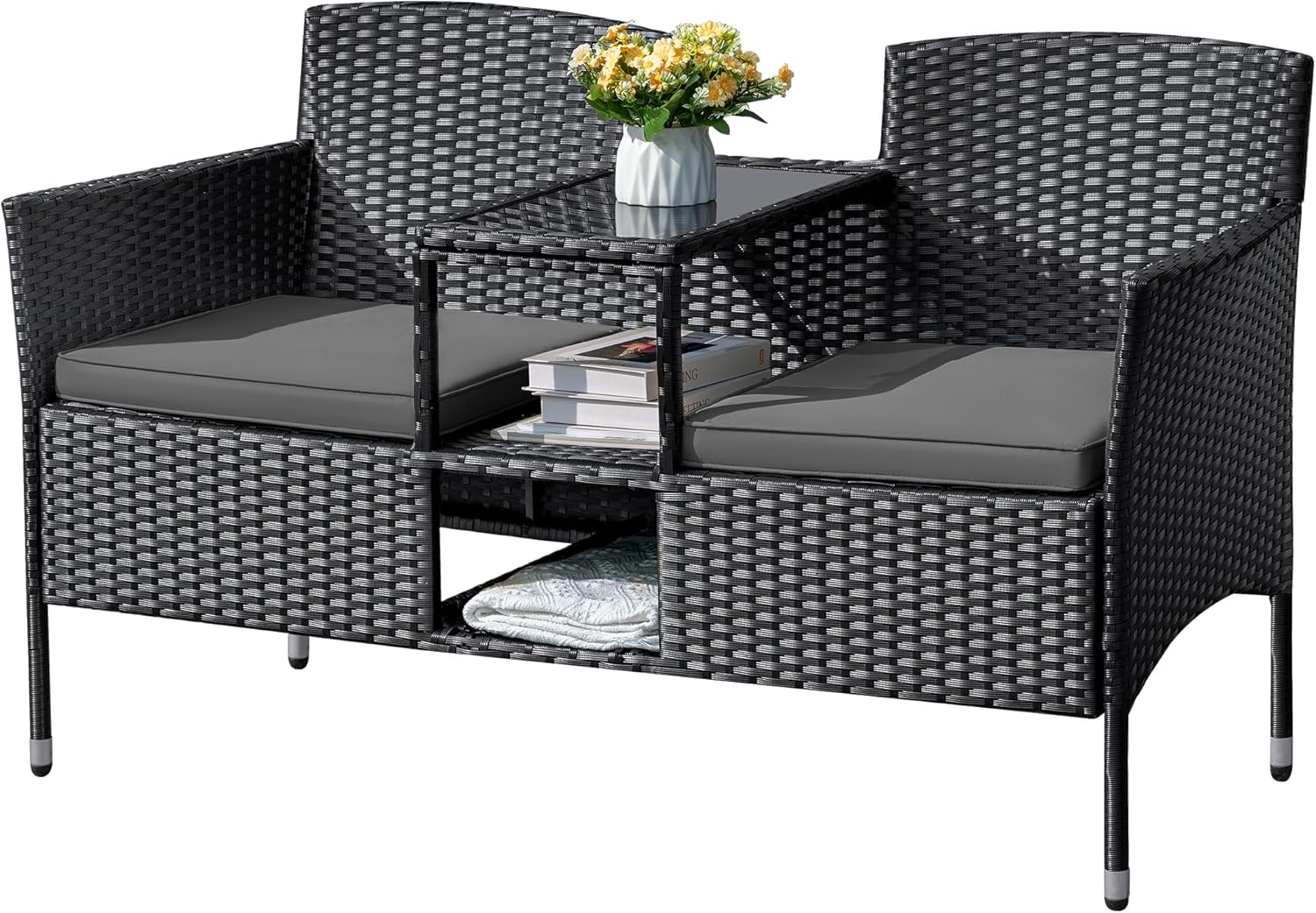 Flamaker Outdoor Furniture Patio Loveseat Wicker 2-Seat with Built-in Table and Cushions Rattan