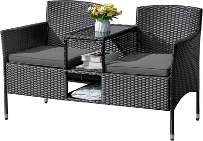 Flamaker Outdoor Furniture Patio Loveseat Wicker 2-Seat with Built-in Table and Cushions Rattan
