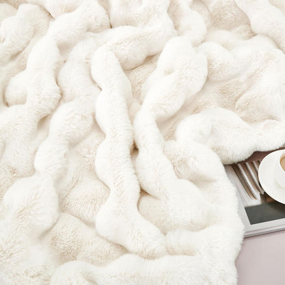 DREAMNINE Large Soft Thick Fuzzy Bubble Faux Rabbit Fur Blanket Full Size 70" x 80",Double Sided