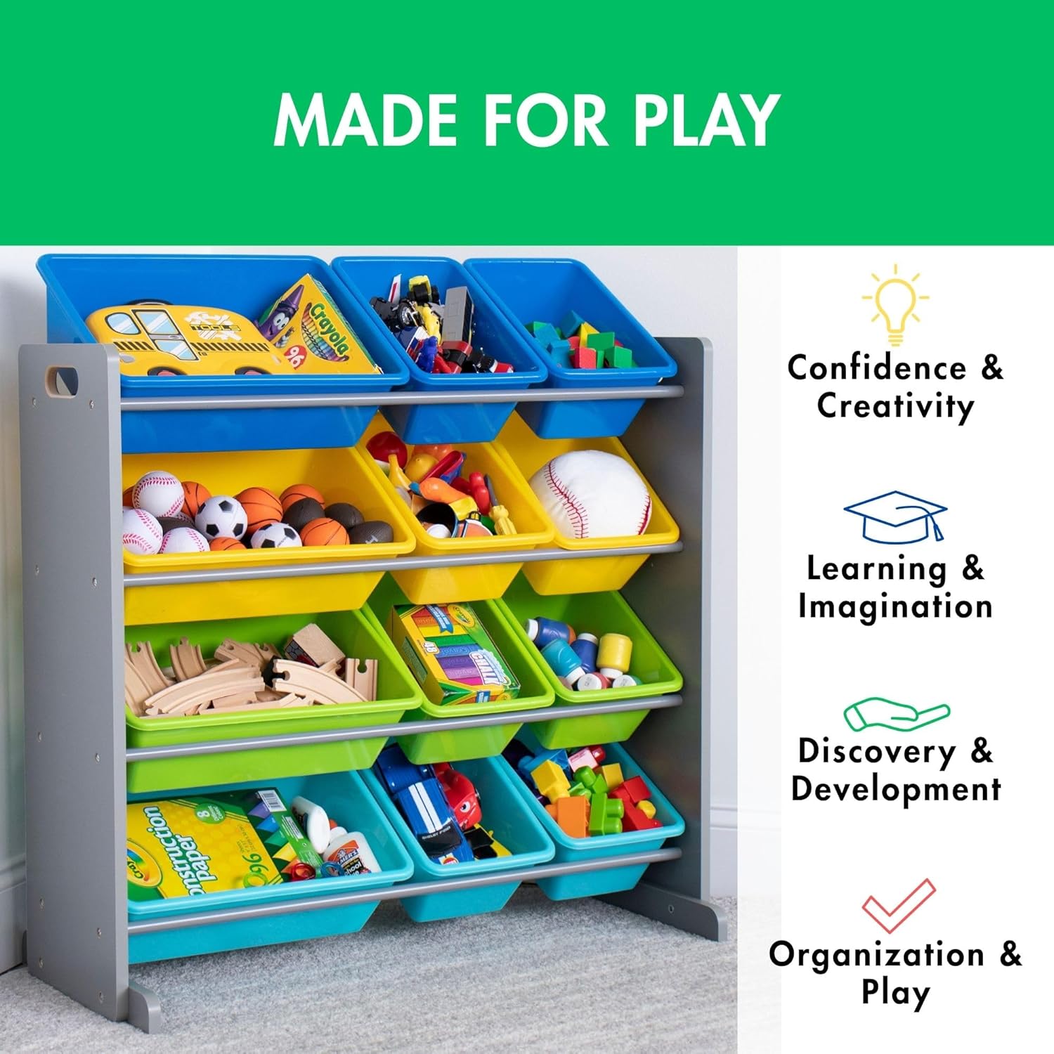 Humble Crew Kids Toy Storage Organizer with 12 Plastic Bins, Grey/Blue/Green/Yellow – Removable