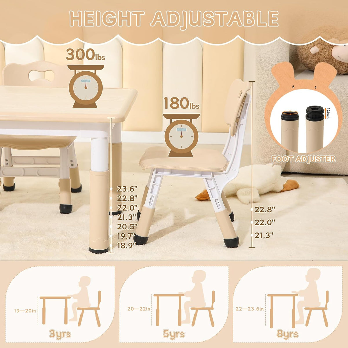 Height-Adjustable Kids Table and Chairs, 31.5''L x 23.6''W Toddler Table and 4 Chairs Set with