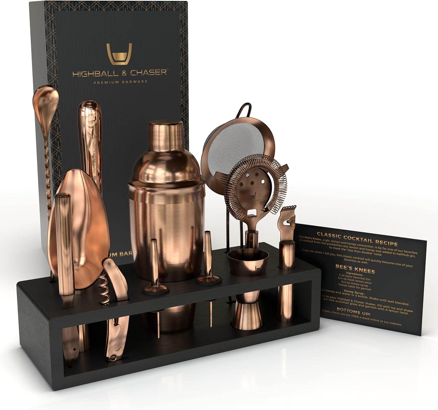 Highball & Chaser 13-Piece Cobbler Cocktail Shaker Set Matte Copper Stainless Steel Bartender Kit