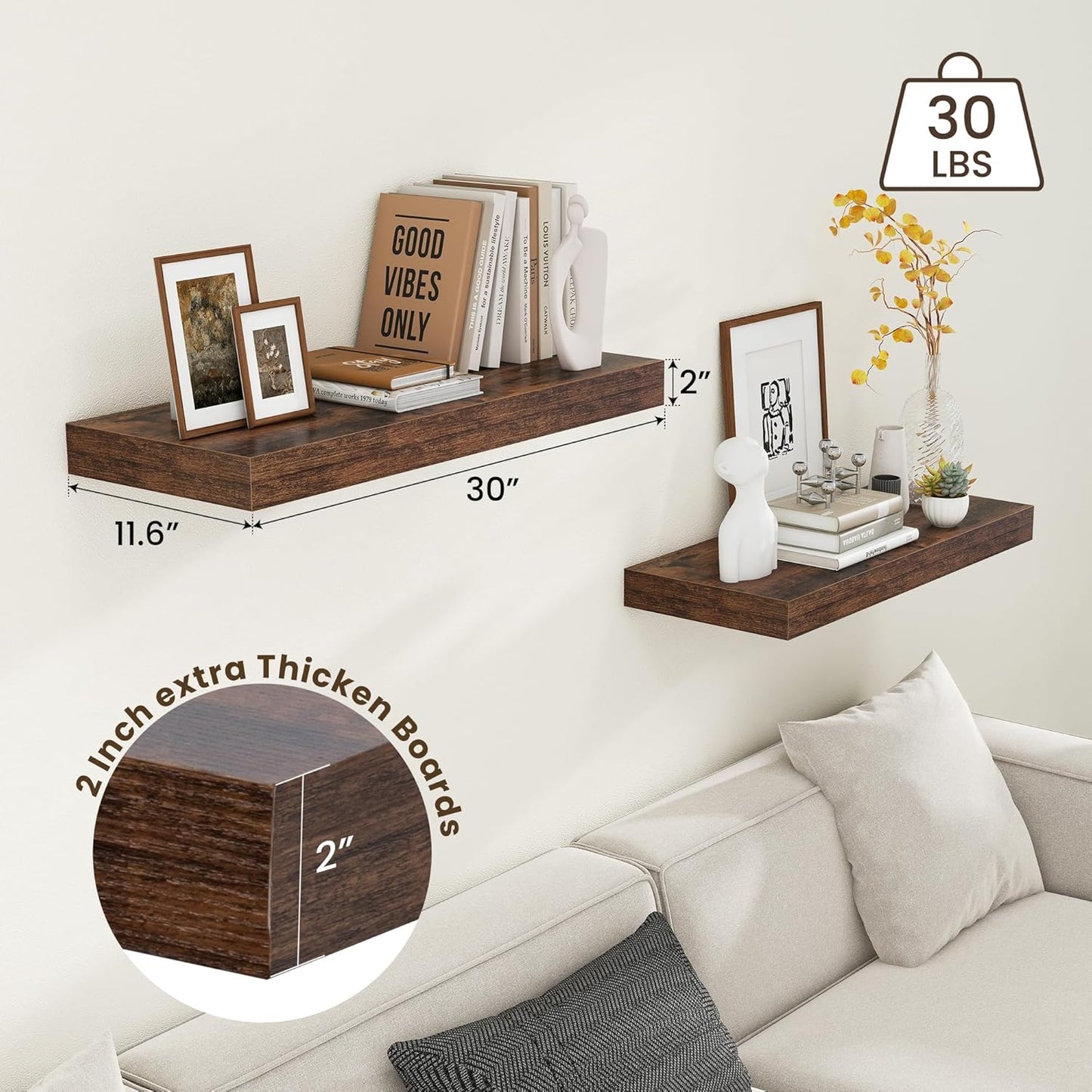 12 Inch Deep Floating Shelves for Wall | 30 Inch Floating Shelves Set of 2 | Rustic Wood Shelves