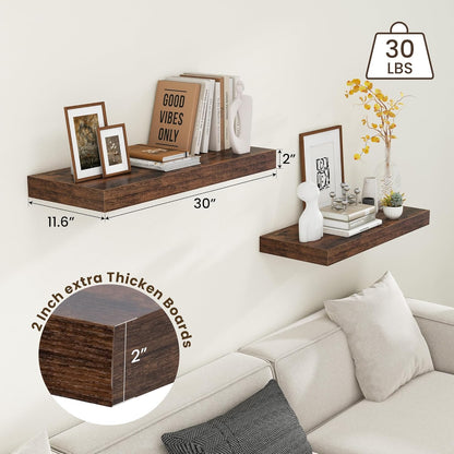 12 Inch Deep Floating Shelves for Wall | 30 Inch Floating Shelves Set of 2 | Rustic Wood Shelves