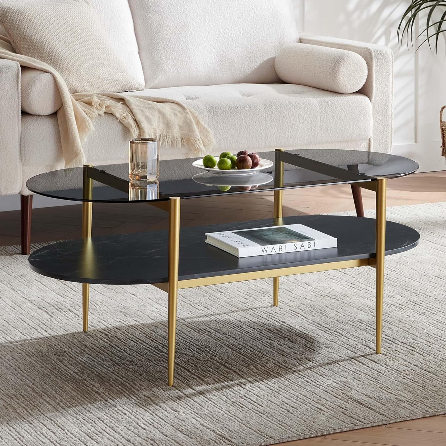 Oval Glass Coffee Table, Mid-Century Modern Design, L41 x W21 x H17 inch, for Living Room, Grey