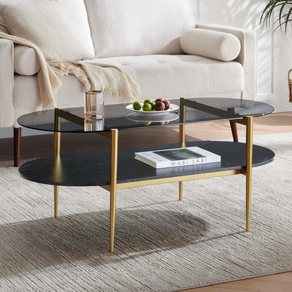 Oval Glass Coffee Table, Mid-Century Modern Design, L41 x W21 x H17 inch, for Living Room, Grey