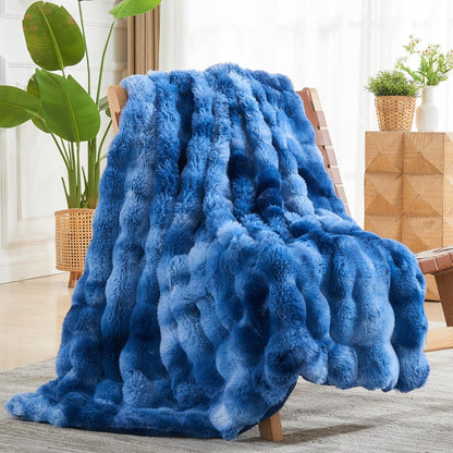 NEWCOSPLAY Faux Fur Throw Blanket Indigo Luxury Fluffy Thick Warm Bubble Blanket for Couch Sofa Bed