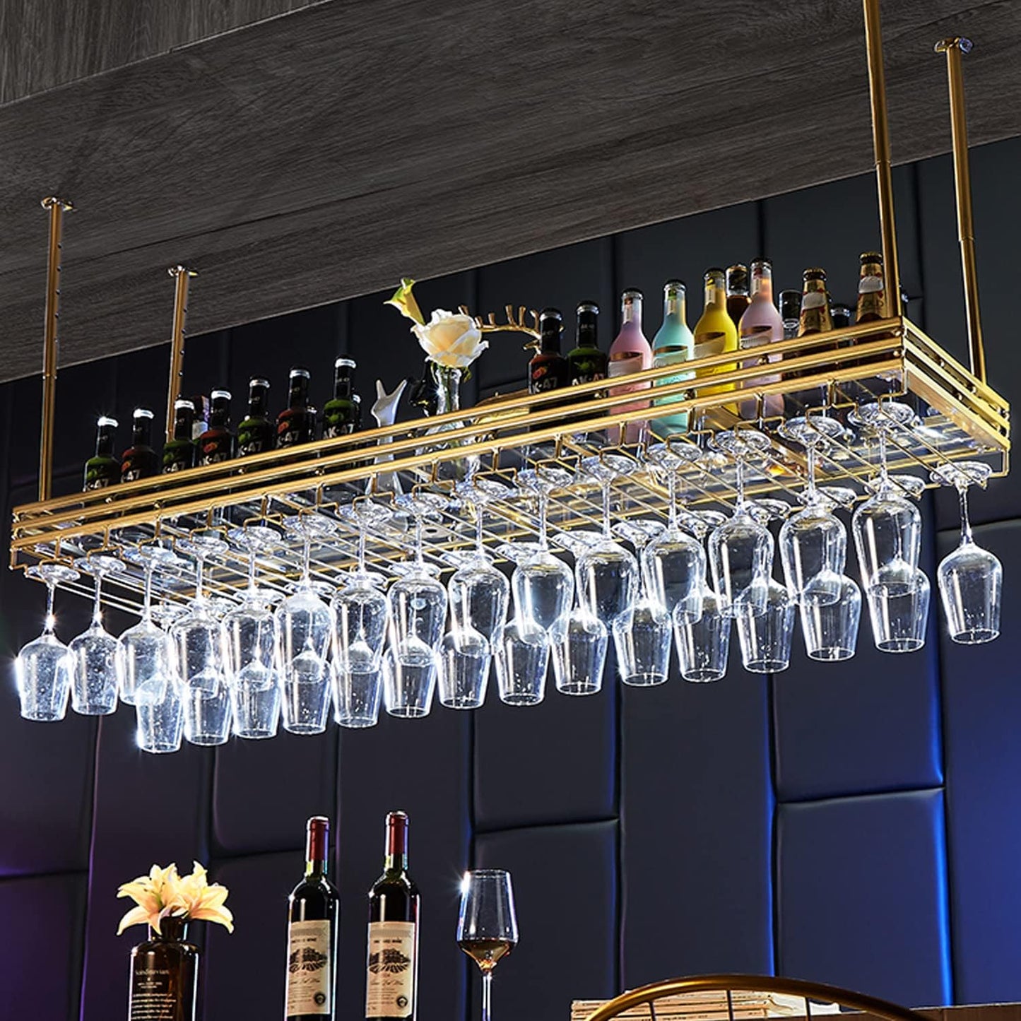 Ceiling Wine Rack&Hanging, Adjustable Hanging Wine Rack with Acrylic Board for Bar Cafe Kitche