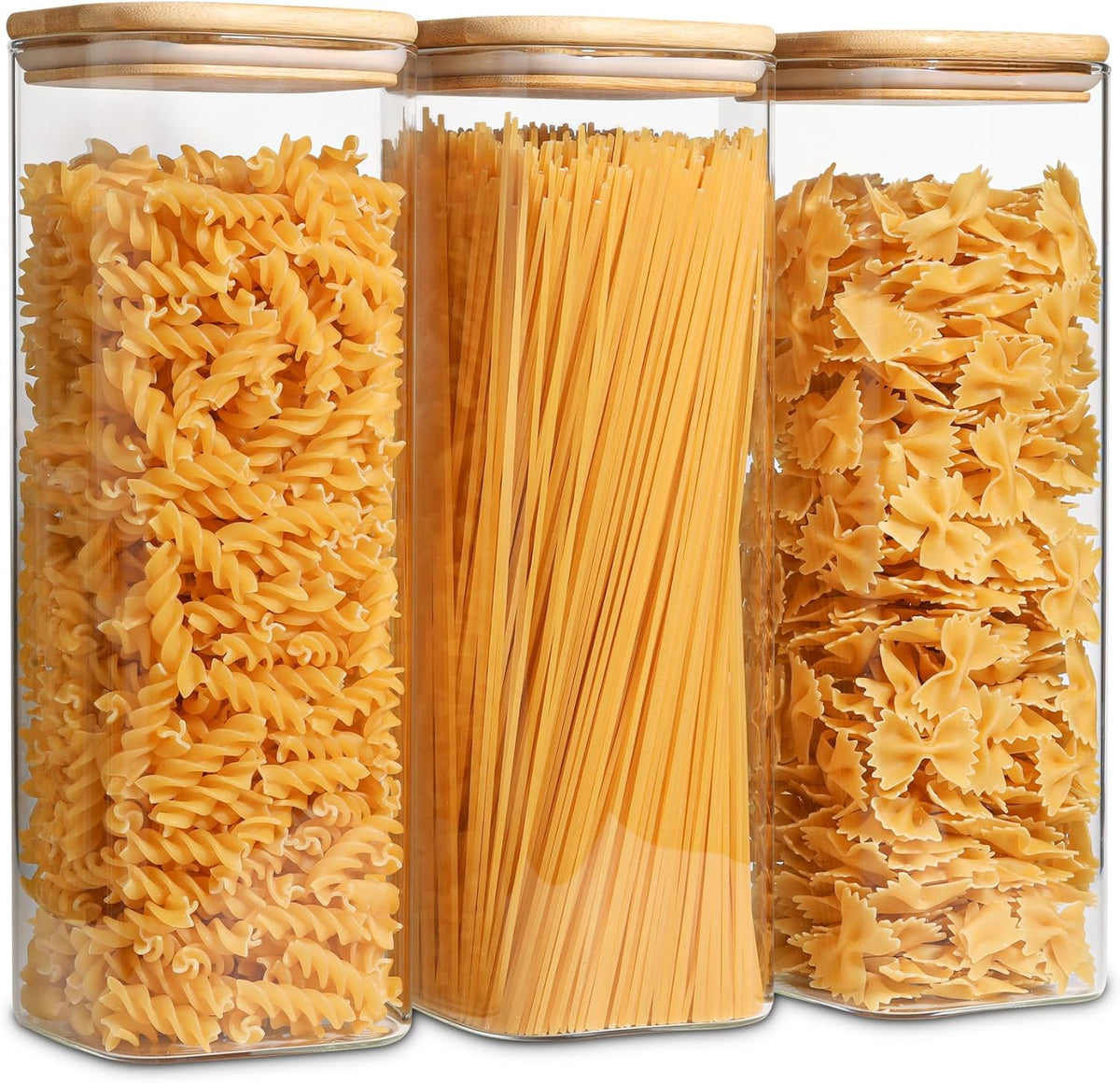ComSaf Glass Spaghetti Pasta Storage Containers with Lids 2.2 Qt Set of 3, Tall Clear Airtight Food