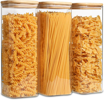 ComSaf Glass Spaghetti Pasta Storage Containers with Lids 2.2 Qt Set of 3, Tall Clear Airtight Food