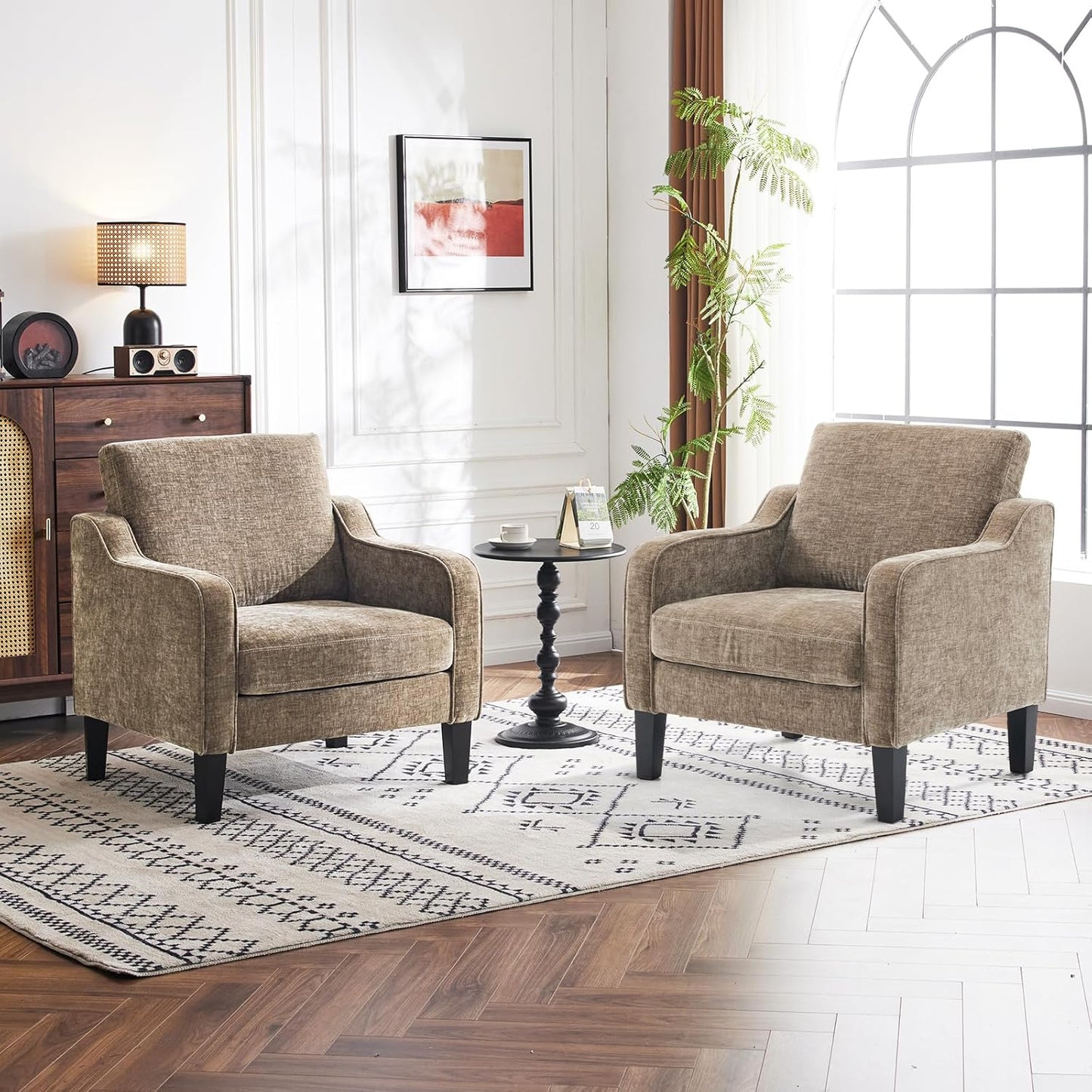 VINGLI Accent Chairs Set of 2 Living Room Chairs Light Brown Reading Chair for Bedroom Scooped Arm