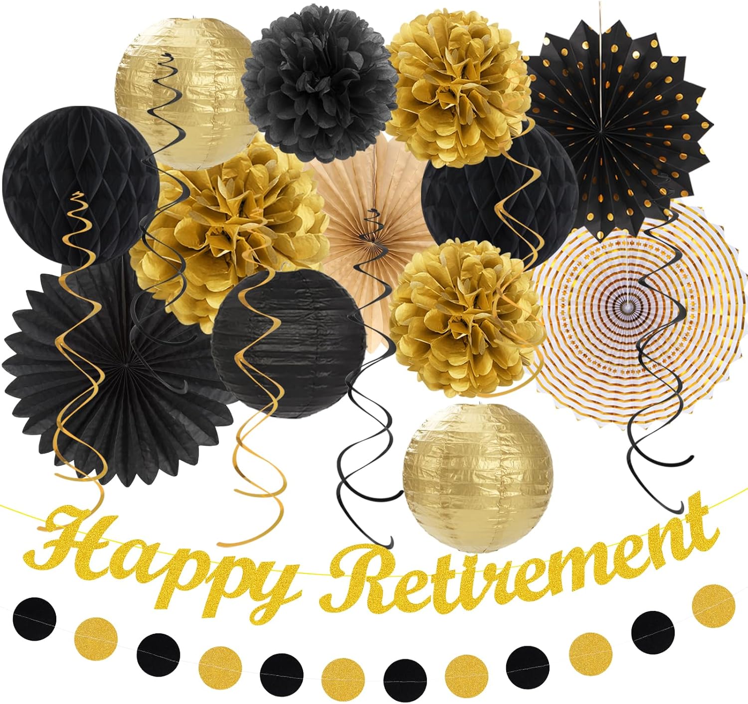 Black Gold Women-Men Happy-Retirement Party-Decorations - 21pcs Celebration Banner,Paper Streamers