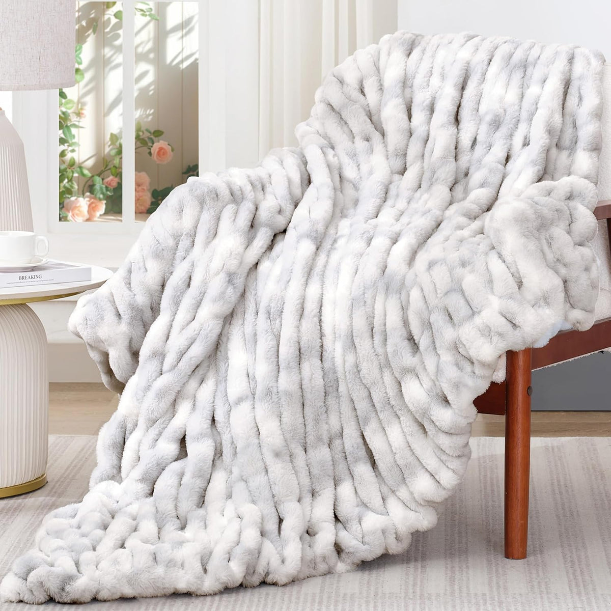 Touchat Ruched Faux Rabbit Fur Blanket, 700 GSM Luxury Dual-Sided Soft Cozy Blanket, Fuzzy Fluffy