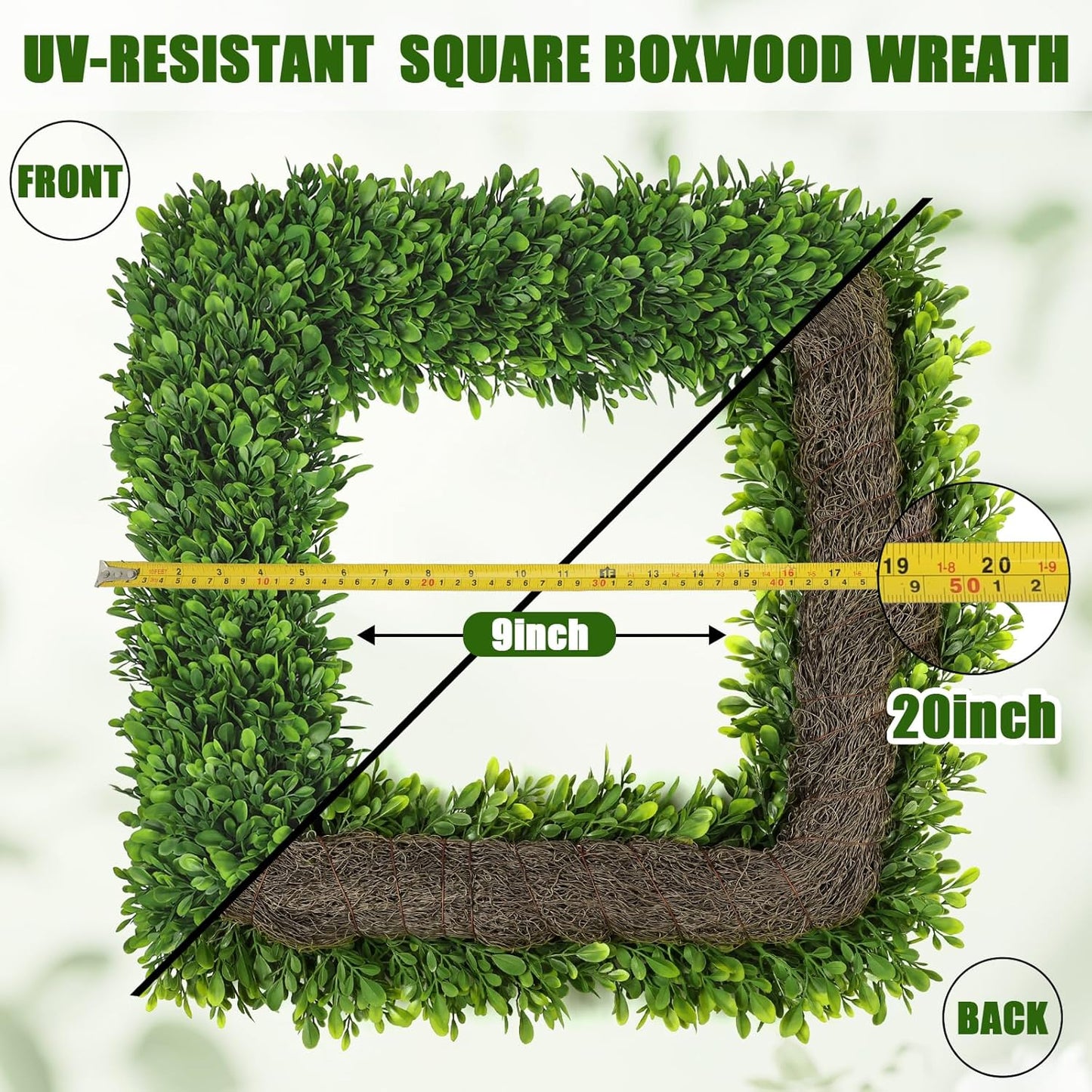 Artgar 20Inch Boxwood Wreath, Spring Wreaths for Front Door, Realistic Green Square Boxwood Wreath