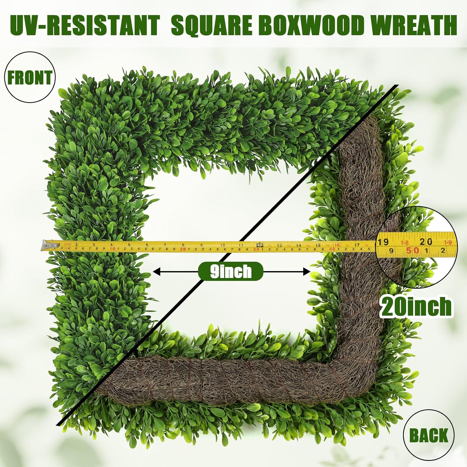 Artgar 20Inch Boxwood Wreath, Spring Wreaths for Front Door, Realistic Green Square Boxwood Wreath