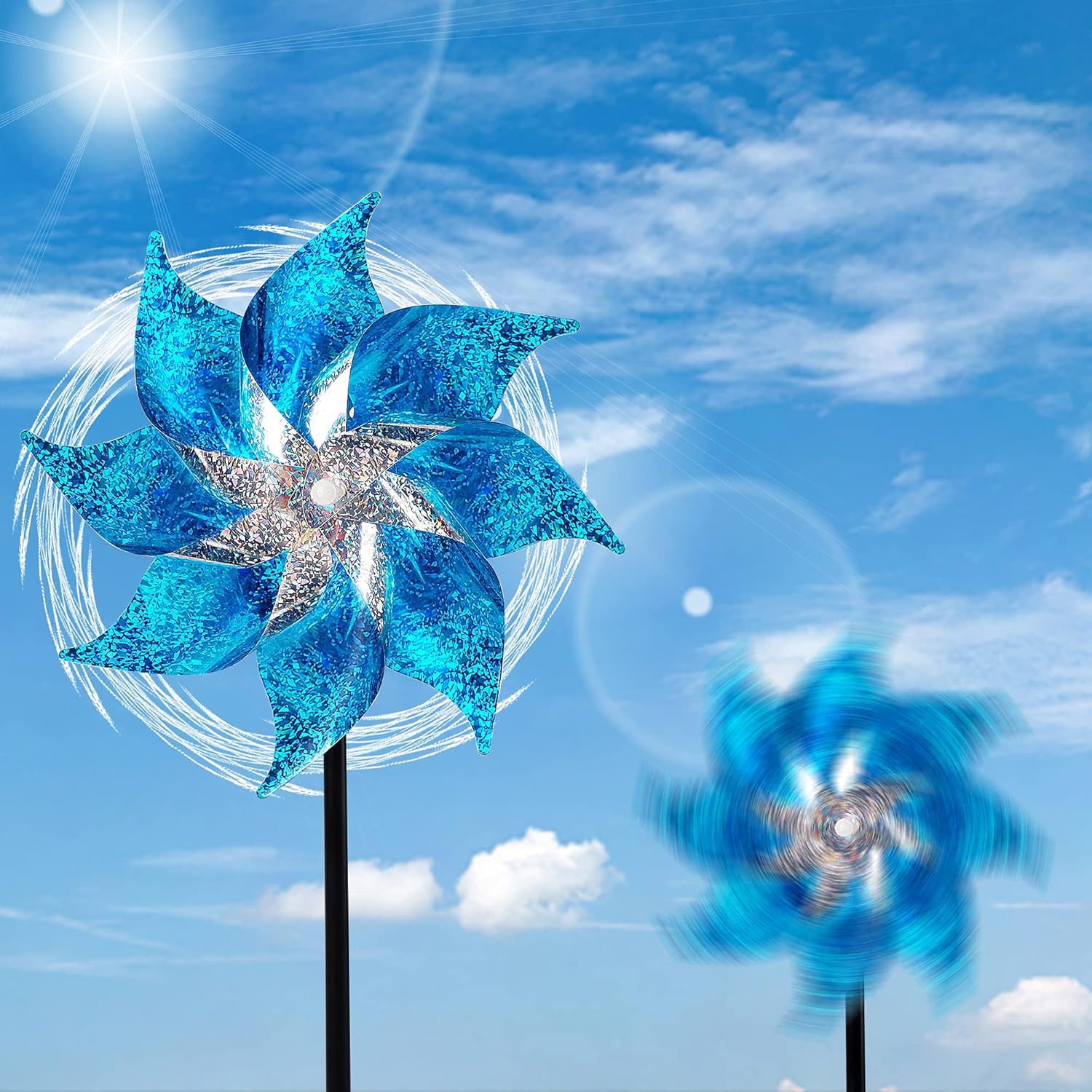 Hausse 10 Pack Reflective Pinwheels with Stakes, Extra Sparkly Pin Wheel for Garden Decor, Bird
