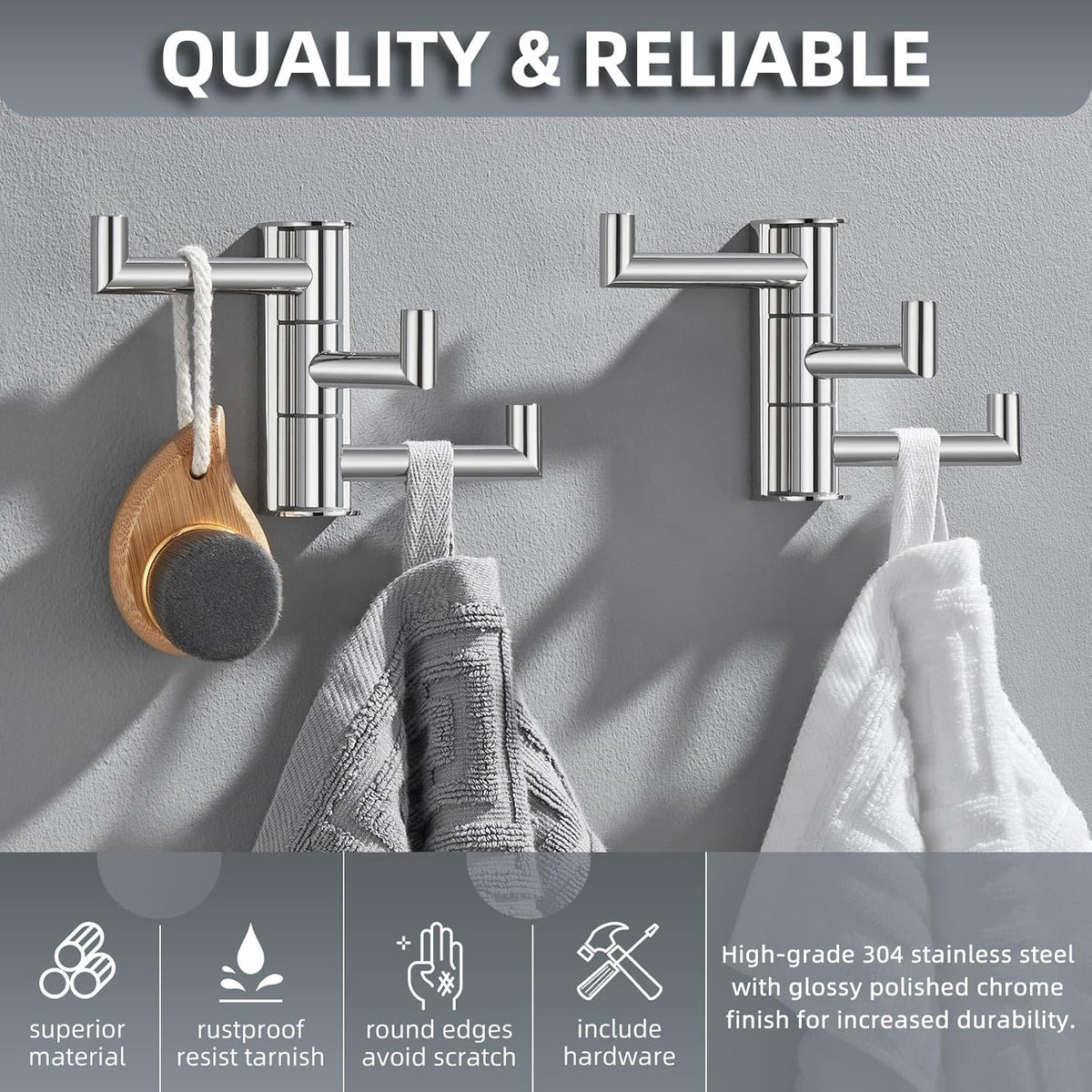 Angle Simple Swivel Towel Hooks for Bathroom, SUS 304 Stainless Steel Foldable 3 Arms Hand Towel