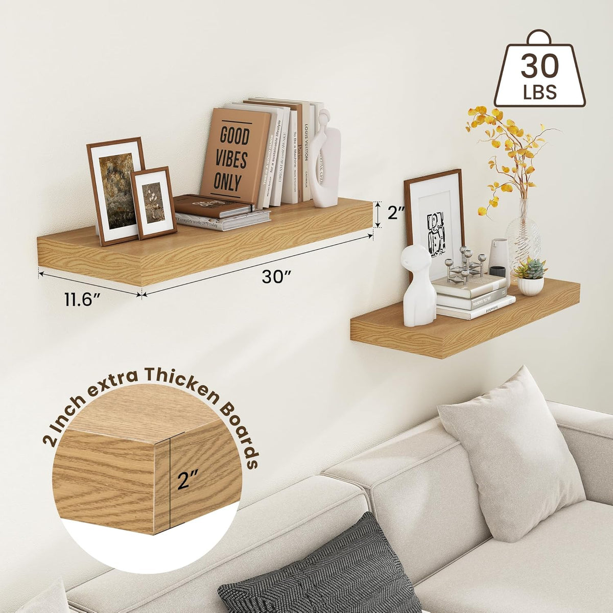 12 Inch Deep Floating Shelves | 30W x 12D Rustic Floating Shelves for Wall Set of 2 | Oak Shelves