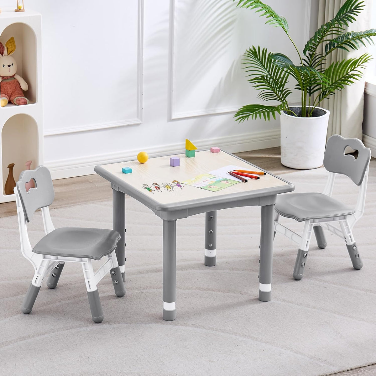 Kids Table and 2 Chairs Set, Height Adjustable (17.7"-26.1") Toddler Table and Chair Set