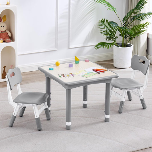 Kids Table and 2 Chairs Set, Height Adjustable (17.7"-26.1") Toddler Table and Chair Set