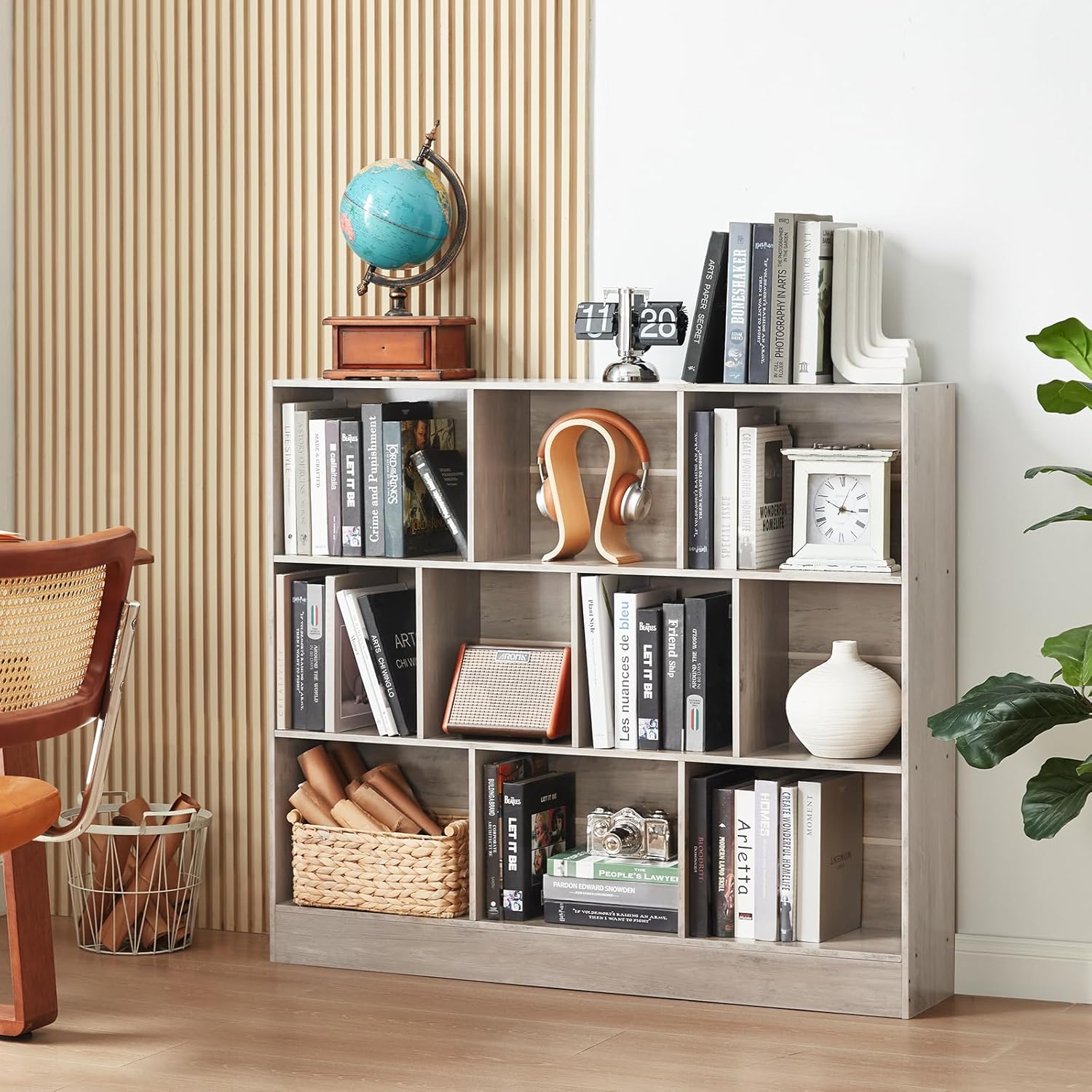 LEYAOYAO 10 Cube Bookshelf with Base,3 Tier Mid-Century Modern Grey Bookcase,Standing Wide