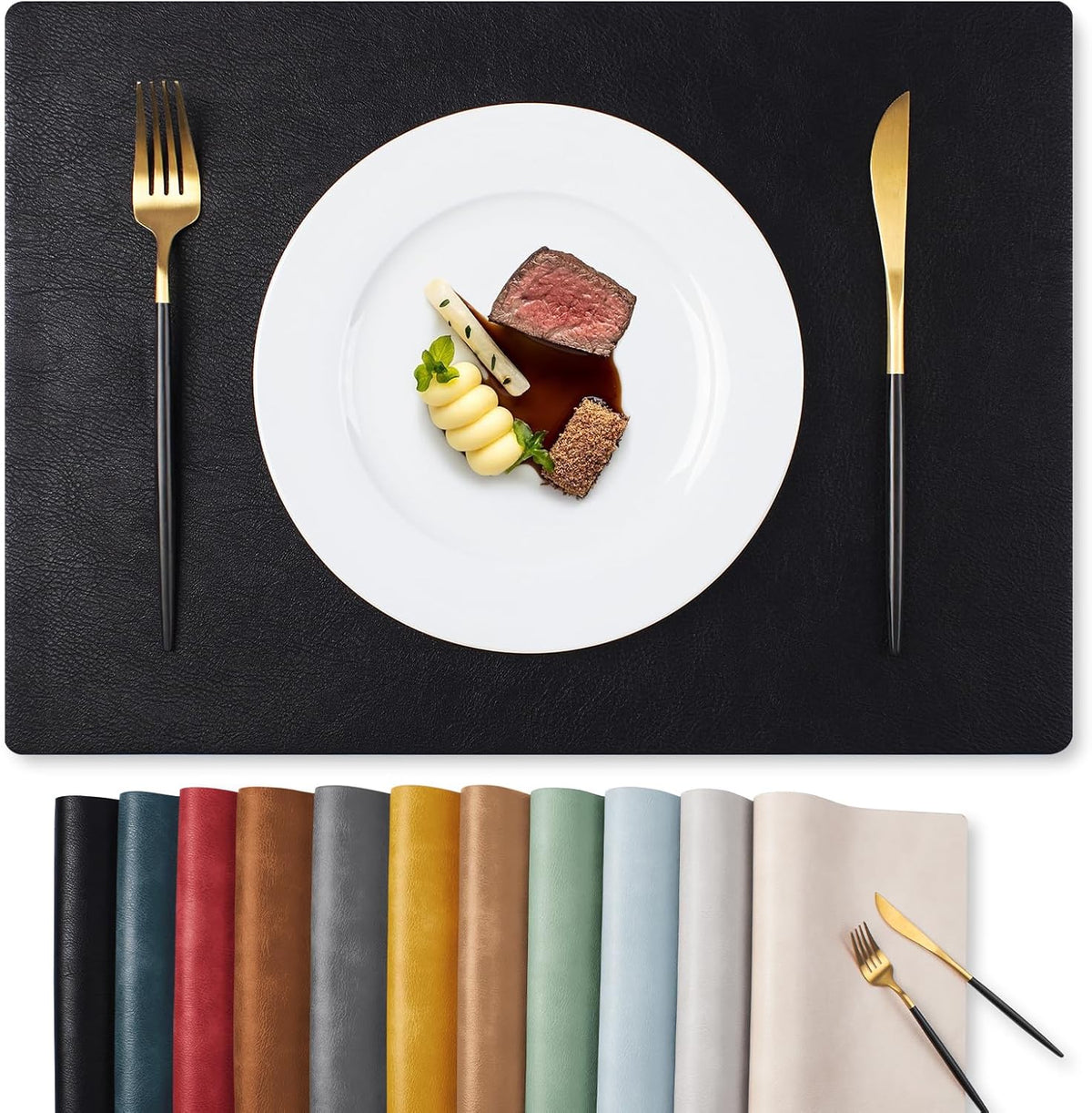 MOSAYT Vinyl Placemats Set of 6-12 X 17 Inch - Faux Leather 100% Waterproof Oil-Proof Wipeable PU