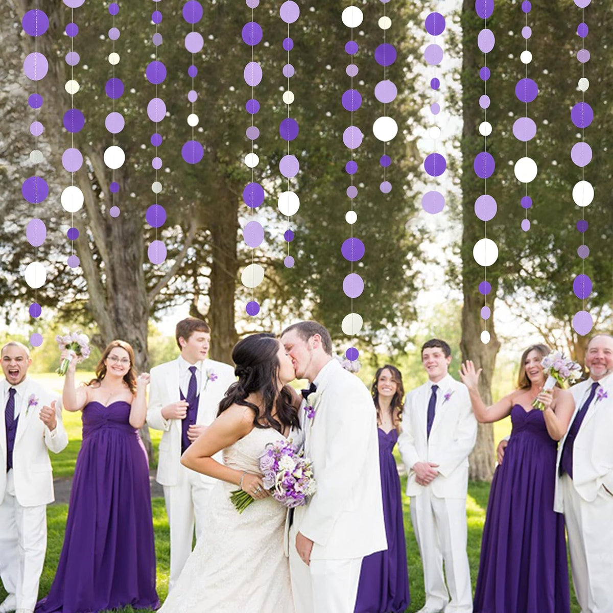 46 Ft Purple and White Circle Dots Garland Lavender Hanging Paper Polka Dot Streamer for Birthday