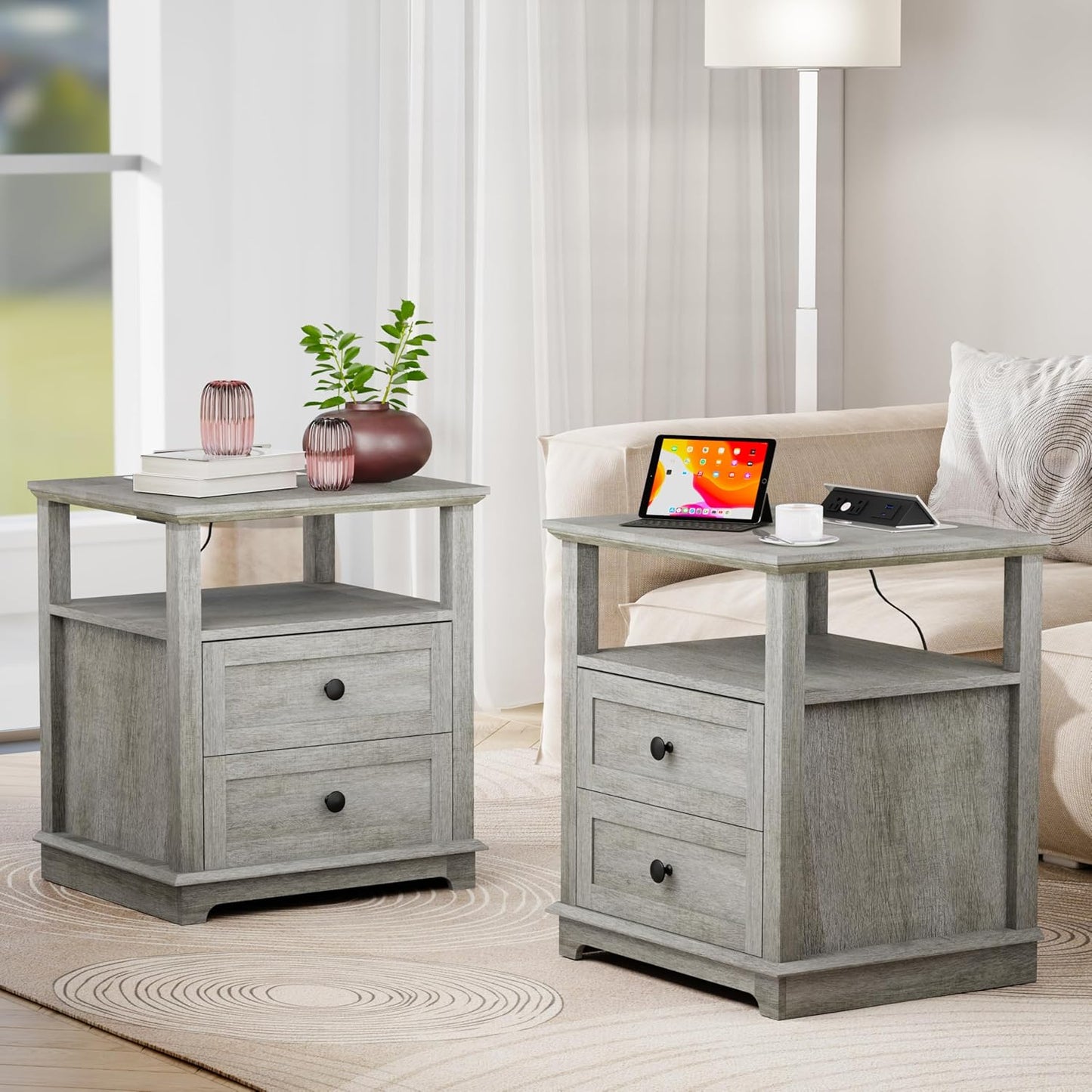 HIFYOBRO Large End Table Set of 2, 2 Drawers and Hidden Charging Station, Type-C & USB Port & Power