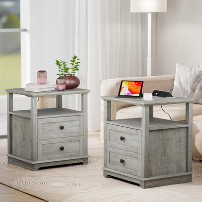 HIFYOBRO Large End Table Set of 2, 2 Drawers and Hidden Charging Station, Type-C & USB Port & Power