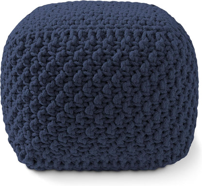 Casafield Square Pouf Ottoman, Navy Blue 18.5" W x 18.5" D x 14.5" H Cotton Knit Foot Stool - Boho