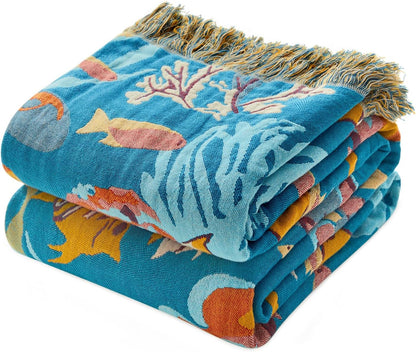 MSGKV Throw Blanket for Couch Cotton Muslin Breathable Cute Ocean Animals Blanket 50"x60" Sofa