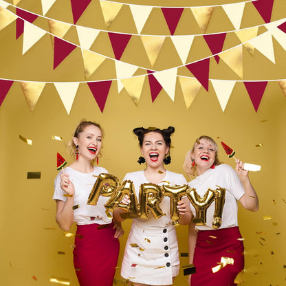Burgundy Party Decorations Gold Maroon Beige Fabric Triangle Pennant Banner Garnet Flag Bunting