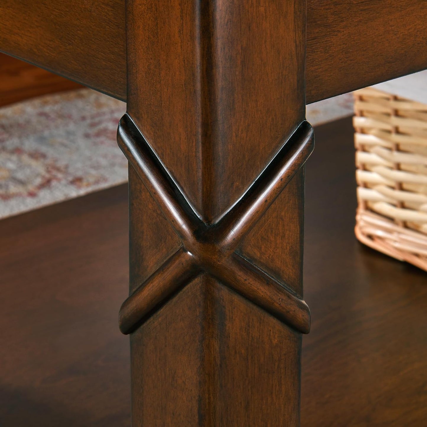 Solid Wood Coffee Table with Storage Shelf, Mid-Century Living Room Tables with Carved Tabletop and