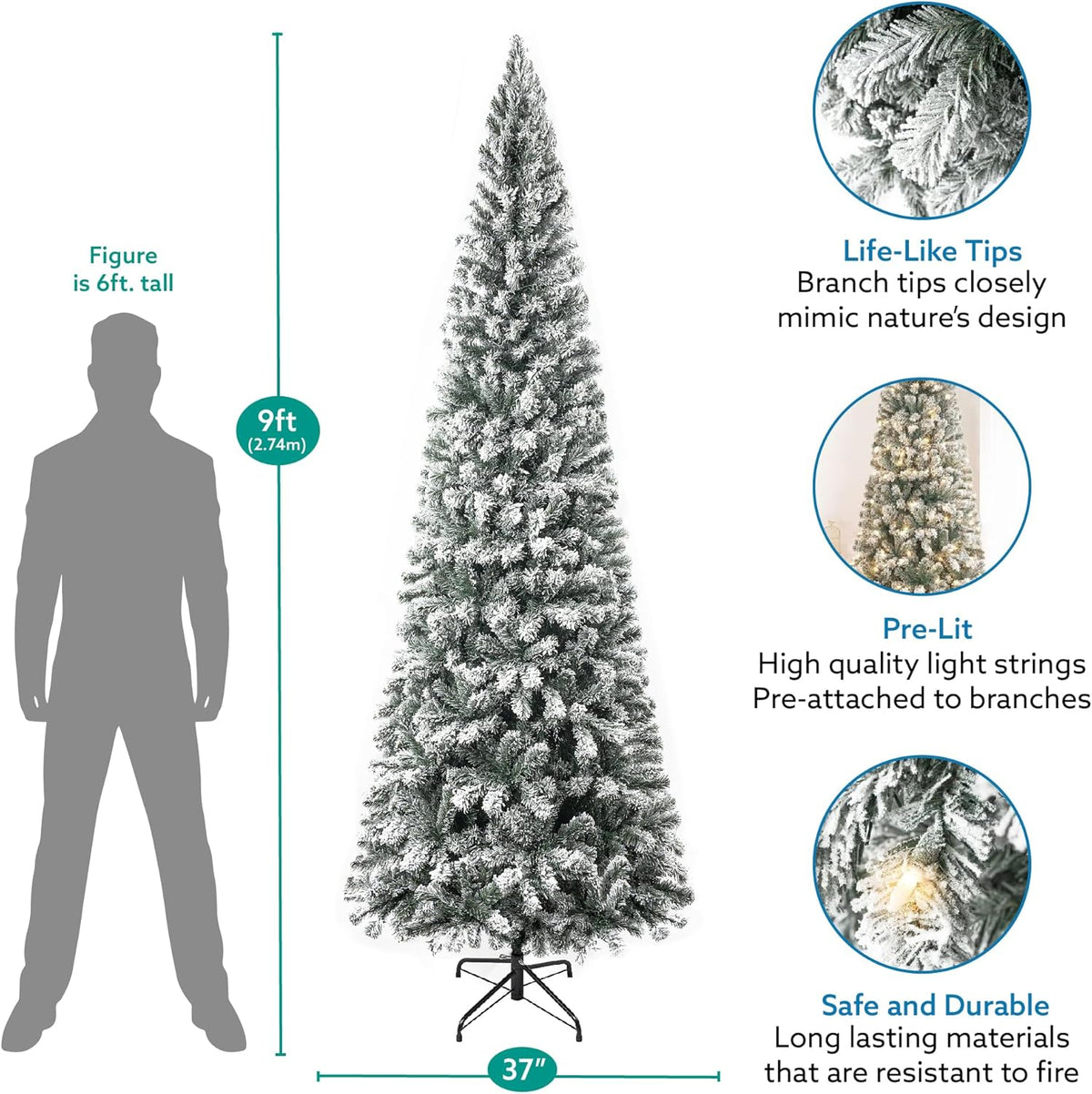 Naomi Home Salzburg 9ft Frosted Prelit Slim Artificial Christmas Tree with 1455 Branch Tips, 500