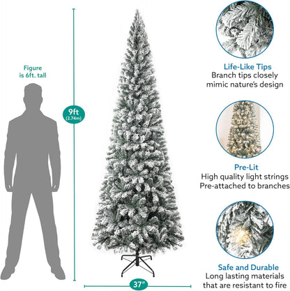 Naomi Home Salzburg 9ft Frosted Prelit Slim Artificial Christmas Tree with 1455 Branch Tips, 500