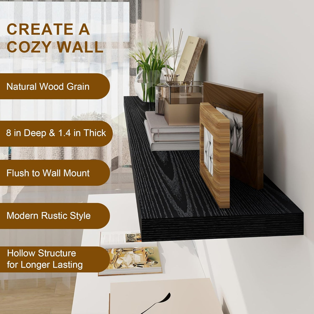 Black Floating Shelves 48 Inch Long, 8 Deep Floating Shelves for Wall, Rustic 48" Long Fireplace