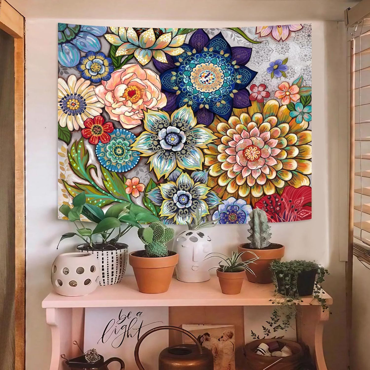 Neasow Colorful Floral Tapestry Wall hanging, Bright Boho Fabric Blossom Tapestries, Multi Color