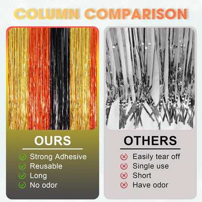 3 Pack 3.3 x 8.2 ft Black Gold Orange Foil Fringe Backdrop Curtains, Tinsel Streamers Party