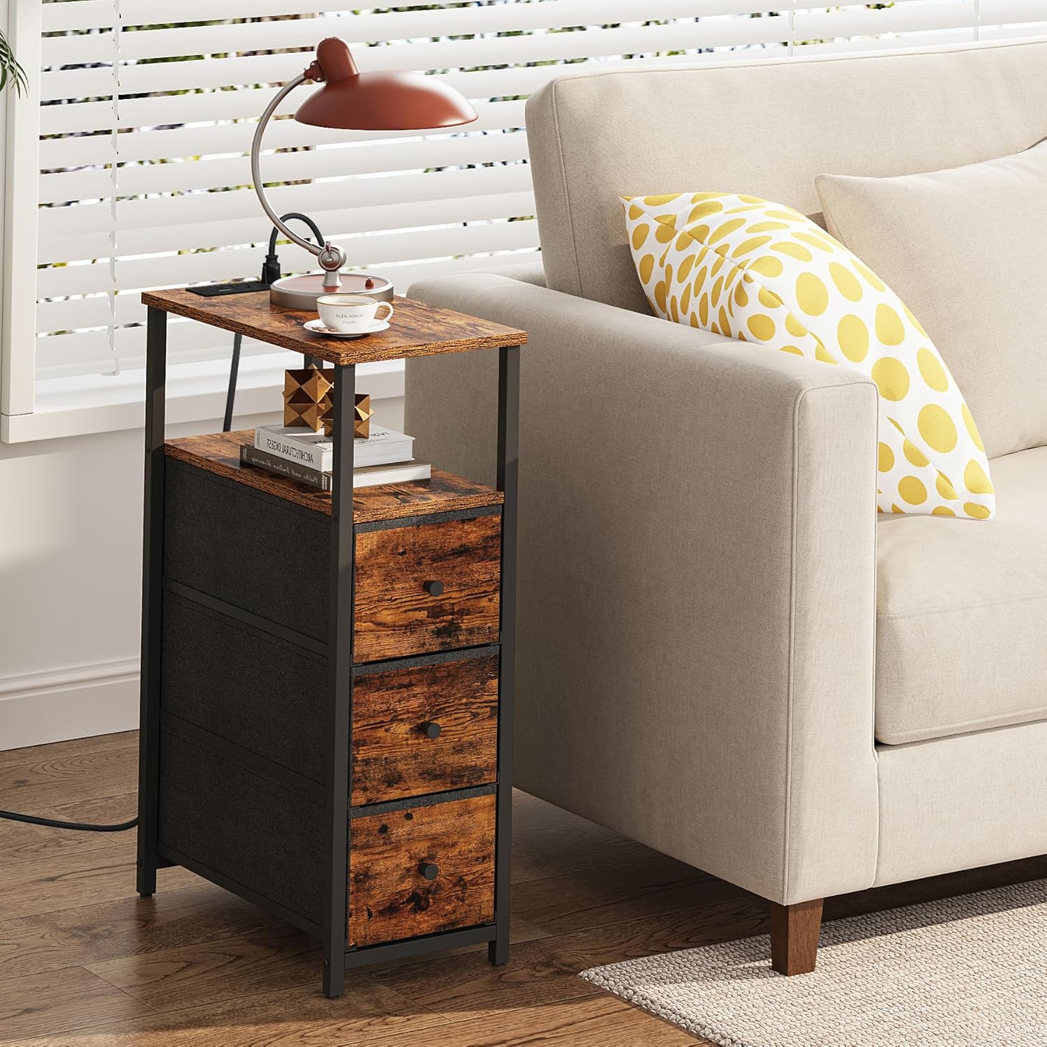 TUTOTAK Narrow Night Stand with Charging Station, Slim End Table with Plugins, Tall Side Table with