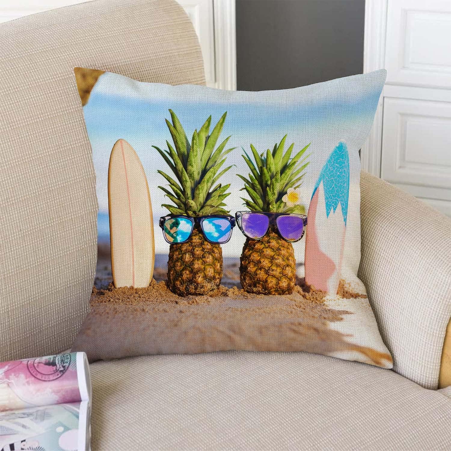 TSSOHU Yellow Pineapple with Glasses on The Sandbeach Throw Pillow Case Cushion Cover Couch Sofa