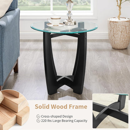Glass End Table, 23.5" Round Side Tables with Tempered Glass Top Cross and Solid Wood Base Small