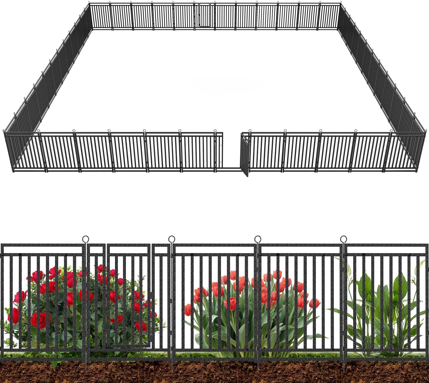 Decorative Garden Fence Metal Dog Fence Outdoor for Yard, 110ft (L) × 40in (H), 42 Panels + 6