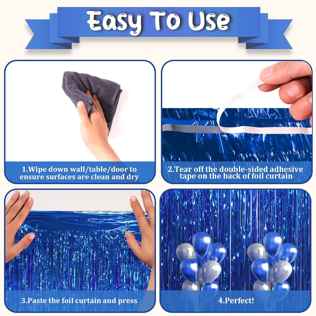 3 Pack 3.3x8.2 Feet Blue Foil Fringe Backdrop Curtains, Tinsel Streamers Birthday Party
