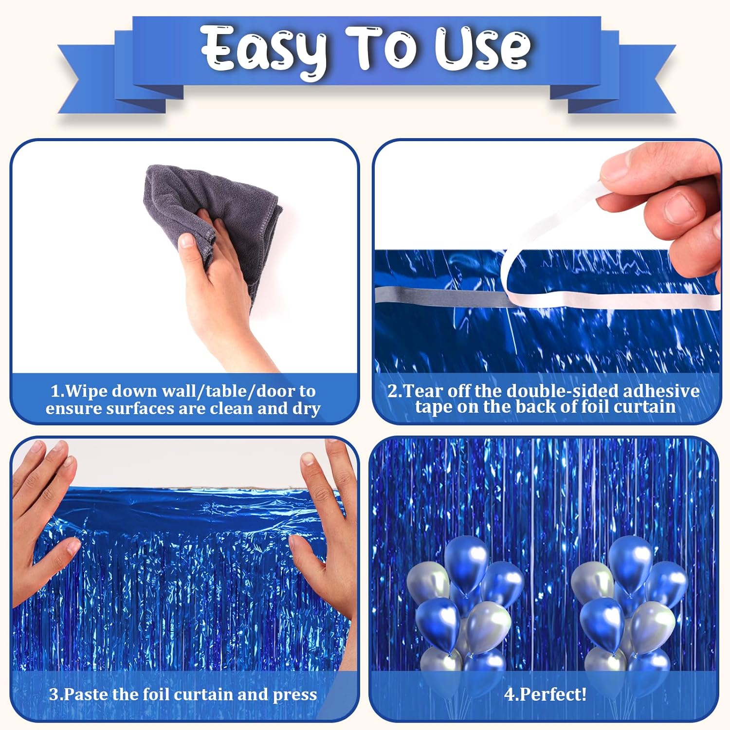 3 Pack 3.3x8.2 Feet Blue Foil Fringe Backdrop Curtains, Tinsel Streamers Birthday Party