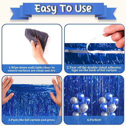 3 Pack 3.3x8.2 Feet Blue Foil Fringe Backdrop Curtains, Tinsel Streamers Birthday Party