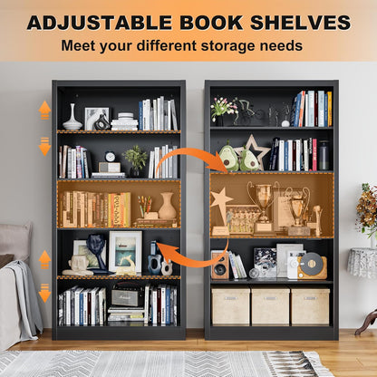 66" Tall Metal Bookcase, 5 Shelf Black Bookcase with Adjustable Shelves, Large Bookshelves and