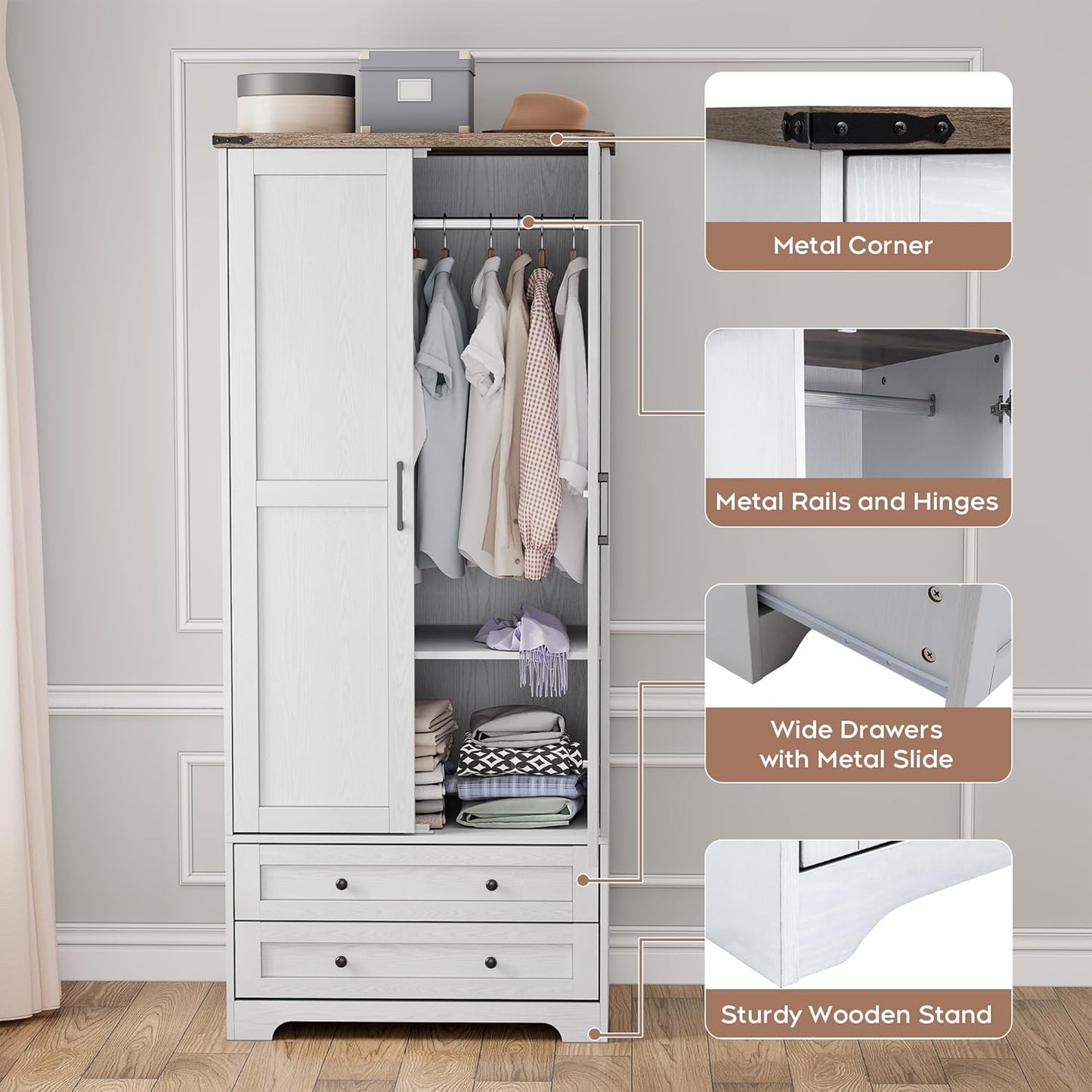 Brafab Armoire Wardrobe Closet with 2 Modern Doors, 71" Tall Freestanding Closet Wardrobe Cabinet