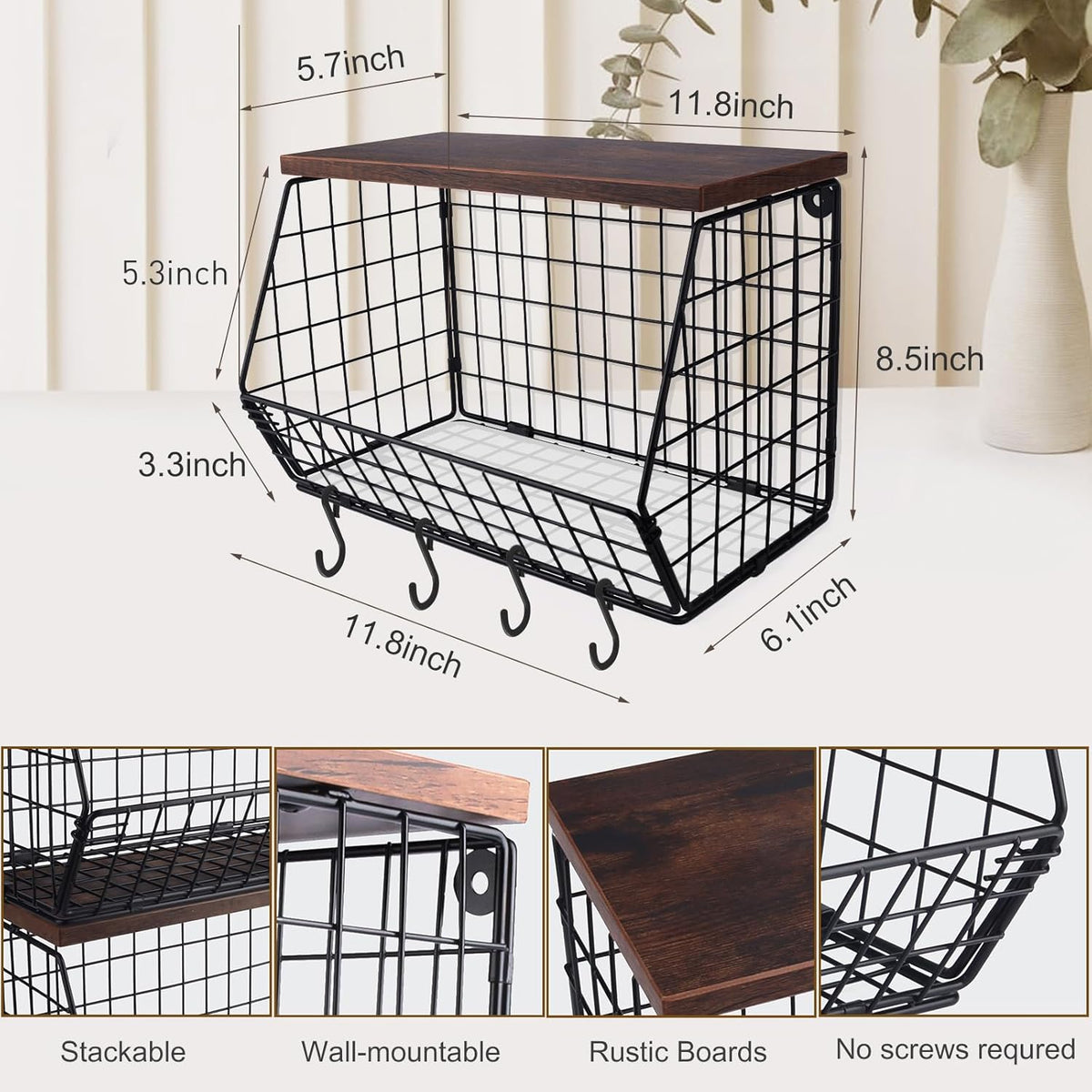 Fruit Bowl, Stackable Wall Mounted Fruit Basket of Smooth Wood Lid with 4 Banana Hanger Hooks